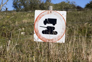 Military No Entry sign for tanks and trucks, military training area, Salisbury Plain, Wiltshire,