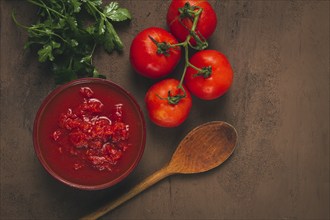 Tomatoes in their own juice, sliced, tomato sauce, tomatoes, in a cup, top view, close-up, no