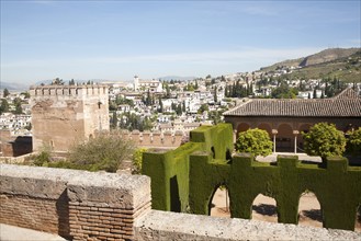 View over the Alhambra to Moorish houses in the Albaicin district of Granada, Spain, Europe