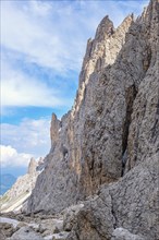 High rock faces in a extreme rocky terrain in the dolomites mountains, Val Gardena, Italy, Europe