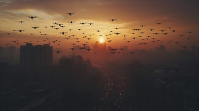 Swarm of UAV unmanned aircraft drones flying near the United States capitol at sunset, AI generated