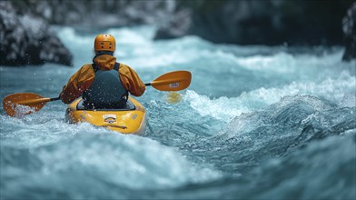 Kayaker paddling the rapids of A beautiful mountain river. generative AI, AI generated