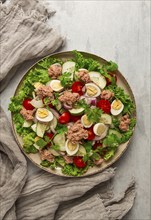 Tuna salad, vegetable salad with quail eggs, lettuce, red onion and cucumbers, on a light gray