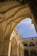 Architectural details on the ceiling of an arch in the inner courtyard at Jeronimos Monastery,