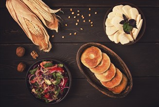 Mchadi, corn tortillas, traditional Georgian dish, corn bread, with Imeretian cheese, homemade, no