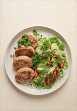 Fried cutlets, turkey, with vegetable salad, top view, no people