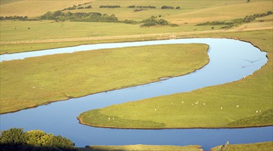 Large looping meanders on the River Cuckmere, East Sussex, England, United Kingdom, Europe