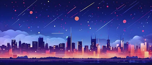 Minimalist, geometric skyline at night, with subtle fireworks in the sky, represented by colorful