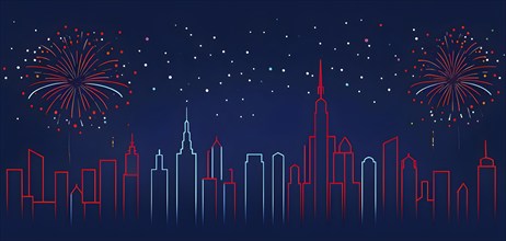 Minimalist, geometric skyline at night, with subtle fireworks in the sky, represented by colorful