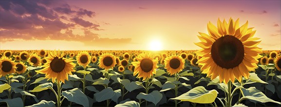 Abstract illustration of a field of sunflowers backlight with beautiful sunrise, AI generated