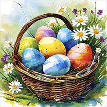 Illustration of of vibrant colored Easter eggs in a wicker basket, surrounded by delicate spring