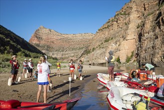 Dinosaur, Colorado, River rafters on the Green River in Dinosaur National Monument. River guide Sam