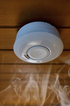 Red light, alarm, warning, home smoke detector, battery-operated smoke detector, smoke, wooden