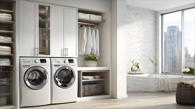 Real estate laundry room with modern stackable washer and dryer, AI generated