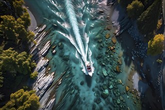 Aerial view on a high speed boat racing along a rivers serpentine, AI generated