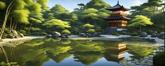 Zen garden bathed in the soft glow of dawn as a serene symbol for relaxation, AI generated