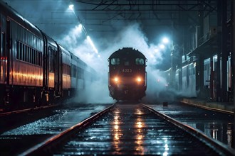 Nighttime train wash in a misty depot with water spray, AI generated