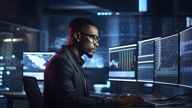 Black african american male it specialist engaged in analyzing data for cyber security, AI