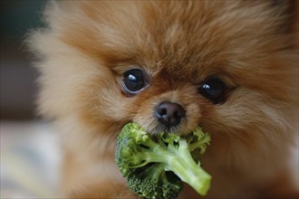 Close up of Pomeranian dog eating raw broccoli vegetable. Generative Ai, AI generated