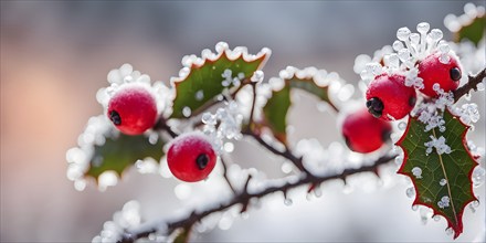 Frosty holly branch with vibrant red berries covered in delicate ice crystals, symbol for upcoming