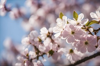 Blooming cherry blossoms with soft pink petals against a clear blue sky, with delicate sunlight