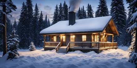 Peaceful winter cabin in the woods, with smoke rising from the chimney, AI generated