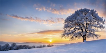 Serene winter landscape with a snow covered tree and a vibrant sunrise, AI generated