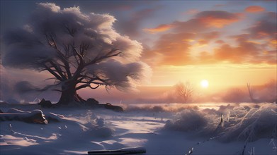 Serene winter landscape with a snow covered tree and a vibrant sunrise, AI generated