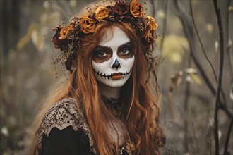 Beautiful woman with long red hair and Halloween Dia de los Muertos costume face paint in autumn