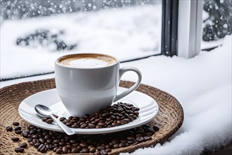 Coffee cup on a plate by a snow covered window creating a cozy winter feeling, AI generated