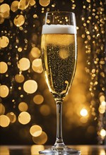 A close-up of a champagne glass with golden bubbles rising, AI generated