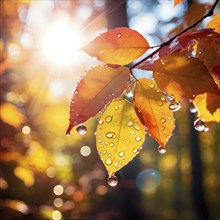 Water droplets on vibrant colored autumn leaves, AI generated