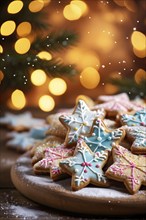 A detailed shot of Christmas cookies on a wooden table, featuring star-shaped cookies with colorful