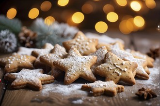 A detailed shot of Christmas cookies on a wooden table, featuring star-shaped cookies with colorful