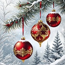 Abstract illustration of a set of ornate Christmas ornaments hanging on a snow-covered pine tree