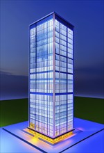 Three dimensional rendering of an illuminated modern high-rise office building, AI generated