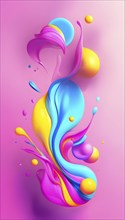 Abstract image with colorful yellow and turquoise blobs and liquid shapes on a pink background, AI