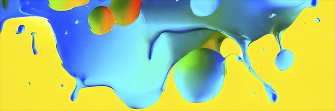 Abstract image with vibrant blue and red blobs and liquid shapes on a yellow background, AI