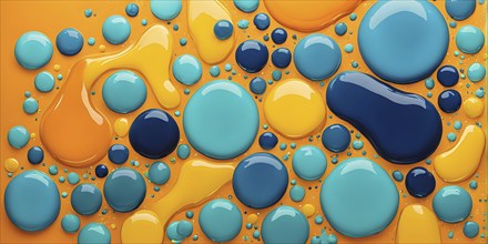 Abstract wallpaper with colorful turquoise and yellow blobs and liquid shapes on a orange