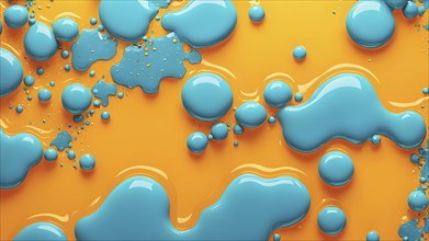 Abstract wallpaper with colorful turquoise and yellow blobs and liquid shapes on a orange