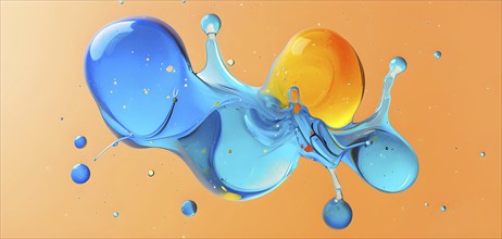 Abstract wallpaper with colorful turquoise and yellow blobs and liquid shapes on a orange