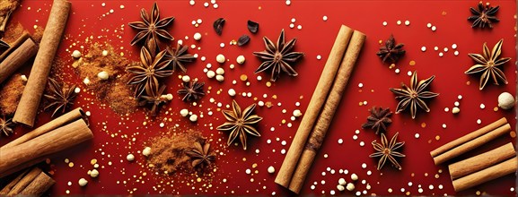 Abstract wallpaper illustration of Christmas spices like cinnamon sticks, star anise, and cloves,