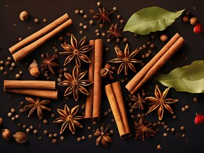 Abstract wallpaper illustration of Christmas spices like cinnamon sticks, star anise, and cloves,