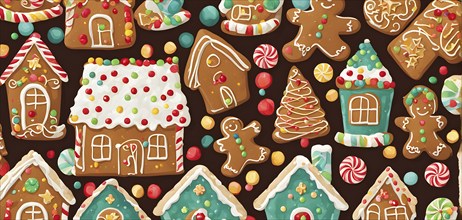 Abstract wallpaper illustration of of gingerbread house decoration, AI generated