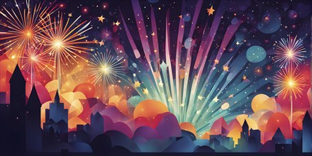 Wallpaper illustration of an explosion of vibrant fireworks colors in a night sky, symbol for happy