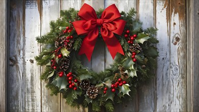 Classic holiday wreath with frosted holly leaves hanging on a rustic wooden door, AI generated