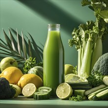 Bottle of vibrant green detox juice surrounded by green fruit and vegetables, AI generated