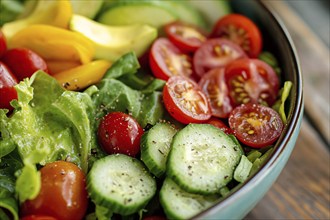 Healthy raw salad with tomatoes, cucumber and lettuce in bowl. Generative Ai, AI generated