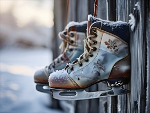 Pair of vintage ice skates hanging by their laces on an old wooden fence with frost and snow gently