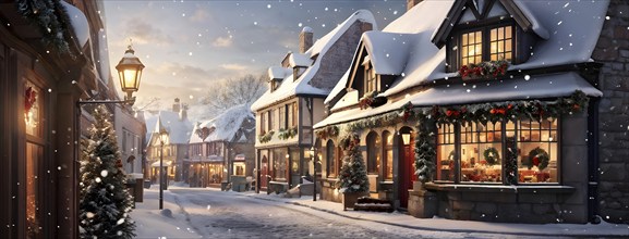 Wintery street scene in a small village with snow-covered rooftops in a warm golden light streaming